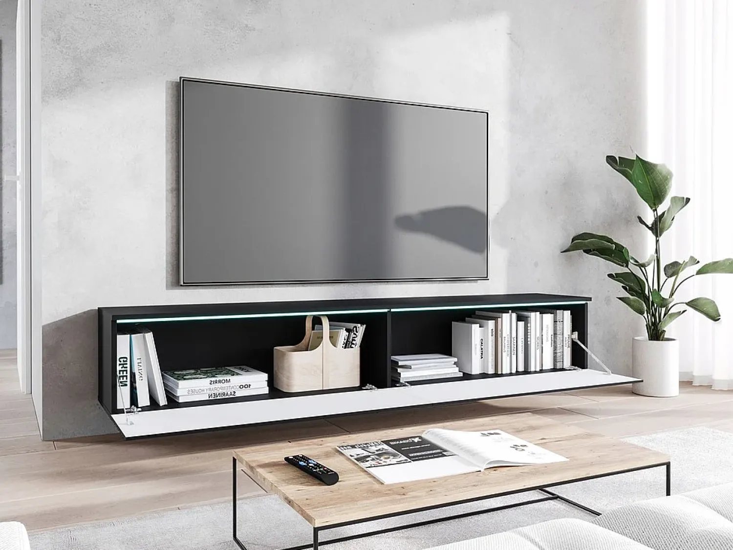 Best Móvel de TV moderno 180 cm com LED para sala – 2 portas, sem puxadores, fosco, de chão ou suspenso, frentes MDF ondulado Preto