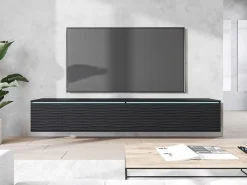 Best Móvel de TV moderno 180 cm com LED para sala – 2 portas, sem puxadores, fosco, de chão ou suspenso, frentes MDF ondulado Preto