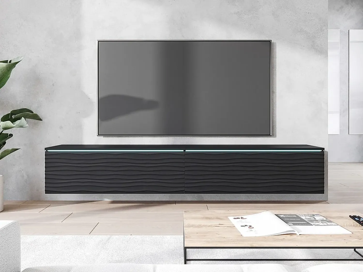 Best Móvel de TV moderno 180 cm com LED para sala – 2 portas, sem puxadores, fosco, de chão ou suspenso, frentes MDF ondulado Preto