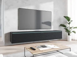 Best Móvel de TV moderno 180 cm com LED para sala – 2 portas, sem puxadores, fosco, de chão ou suspenso, frentes MDF ondulado Preto