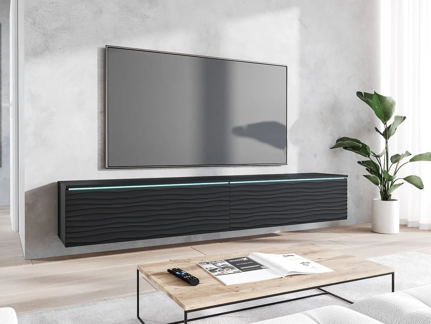 Best Móvel de TV moderno 180 cm com LED para sala – 2 portas, sem puxadores, fosco, de chão ou suspenso, frentes MDF ondulado Preto