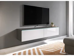 Móvel de TV moderno 140 cm com LED 2 portas, sem puxadores, corpo matera, frentes branco brilho, de chão ou suspenso^ Móvel De Tv