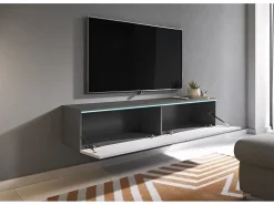 Móvel de TV moderno 140 cm com LED 2 portas, sem puxadores, corpo matera, frentes branco brilho, de chão ou suspenso^ Móvel De Tv