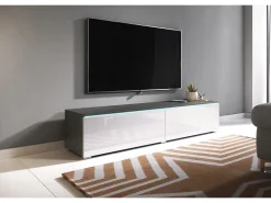 Móvel de TV moderno 140 cm com LED 2 portas, sem puxadores, corpo matera, frentes branco brilho, de chão ou suspenso^ Móvel De Tv