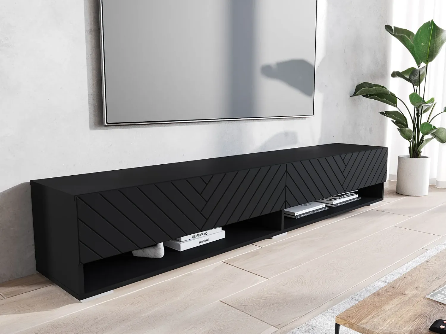 Móvel De Tv| Móvel de TV moderno 180 cm com LED – corpo mate, frentes MDF espinha de peixe, sem puxadores, suspenso ou de chão Preto