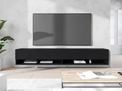 Móvel De Tv| Móvel de TV moderno 180 cm com LED – corpo mate, frentes MDF espinha de peixe, sem puxadores, suspenso ou de chão Preto