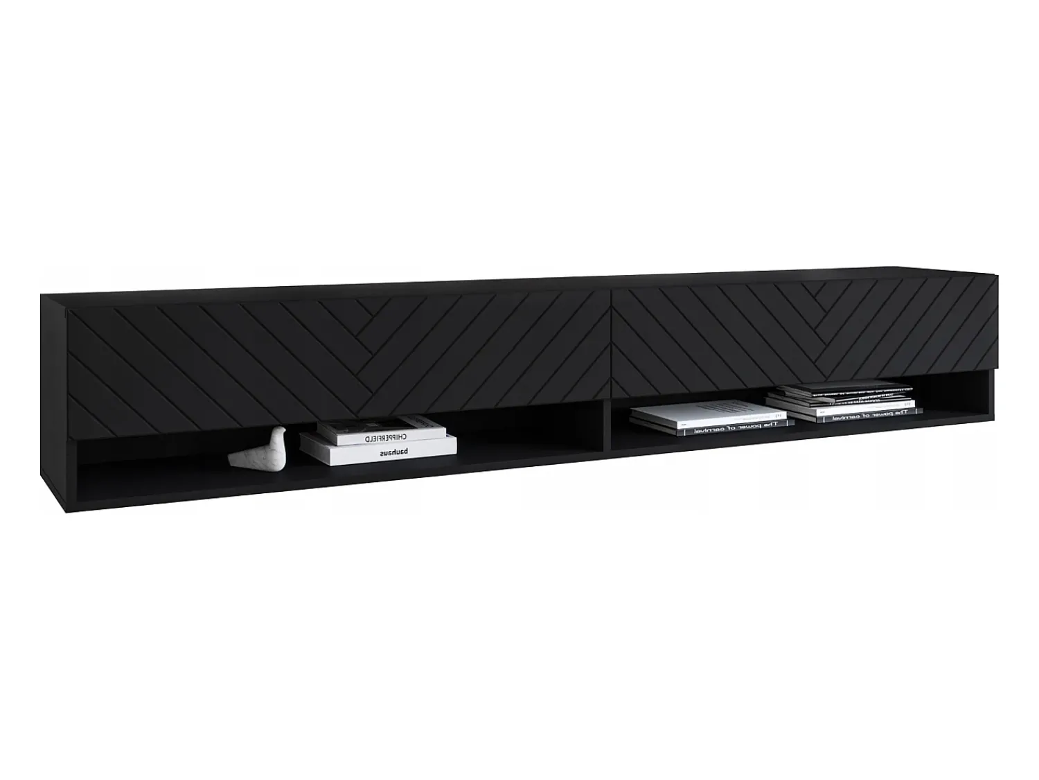 Móvel De Tv| Móvel de TV moderno 180 cm com LED – corpo mate, frentes MDF espinha de peixe, sem puxadores, suspenso ou de chão Preto