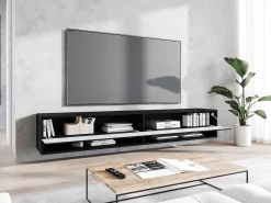 Móvel De Tv| Móvel de TV moderno 180 cm com LED – corpo mate, frentes MDF espinha de peixe, sem puxadores, suspenso ou de chão Preto
