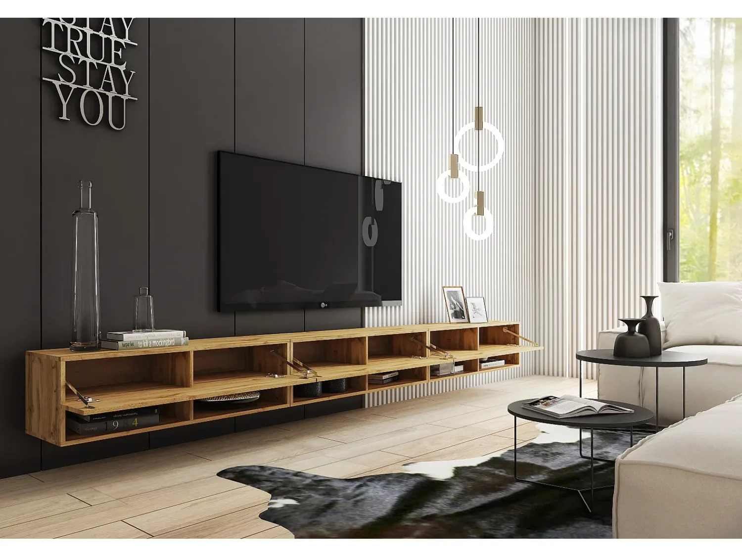 Discount Móvel de TV moderno 300 cm com LED – sem puxadores, carvalho wotan, suspenso ou de pé Castanho