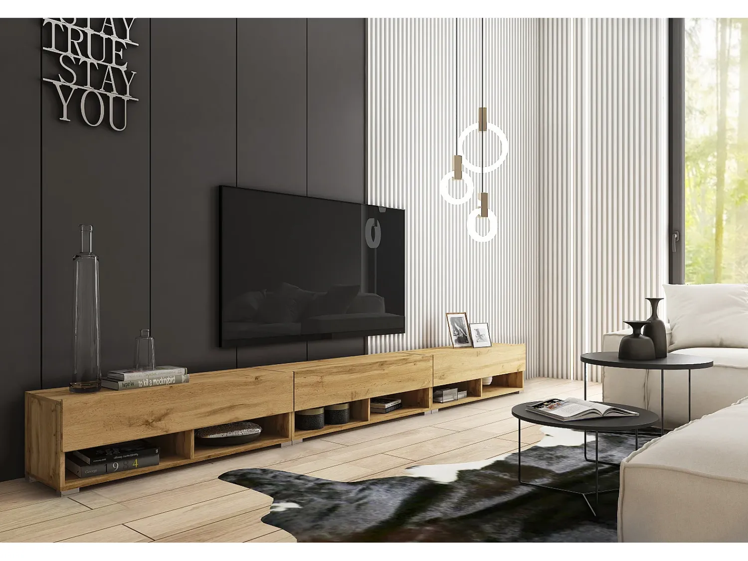 Discount Móvel de TV moderno 300 cm com LED – sem puxadores, carvalho wotan, suspenso ou de pé Castanho