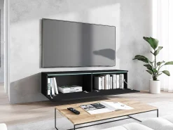Móvel De Tv* Móvel de TV moderno 140 cm com LED 2 portas, sem puxadores, mate, de chão ou suspenso Preto