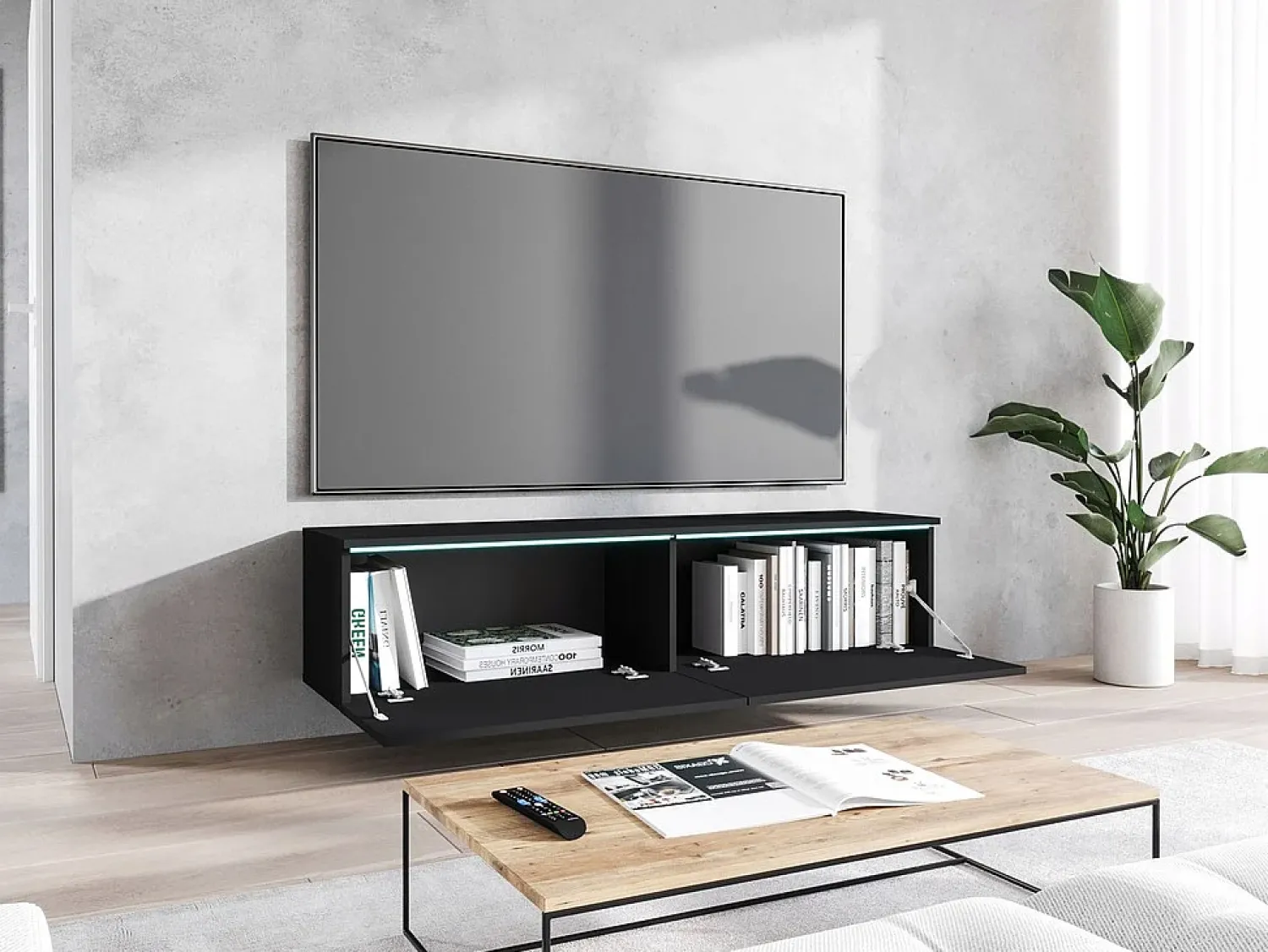 Móvel De Tv* Móvel de TV moderno 140 cm com LED 2 portas, sem puxadores, mate, de chão ou suspenso Preto