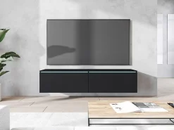 Móvel De Tv* Móvel de TV moderno 140 cm com LED 2 portas, sem puxadores, mate, de chão ou suspenso Preto
