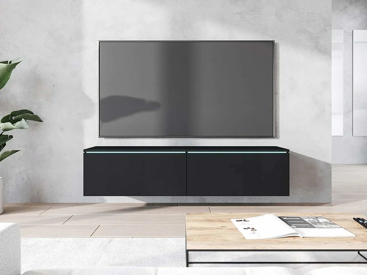 Móvel De Tv* Móvel de TV moderno 140 cm com LED 2 portas, sem puxadores, mate, de chão ou suspenso Preto