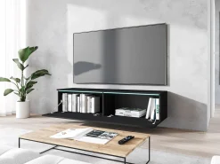 Móvel De Tv* Móvel de TV moderno 140 cm com LED 2 portas, sem puxadores, mate, de chão ou suspenso Preto