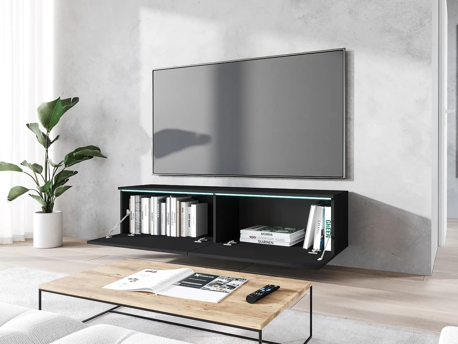 Móvel De Tv* Móvel de TV moderno 140 cm com LED 2 portas, sem puxadores, mate, de chão ou suspenso Preto