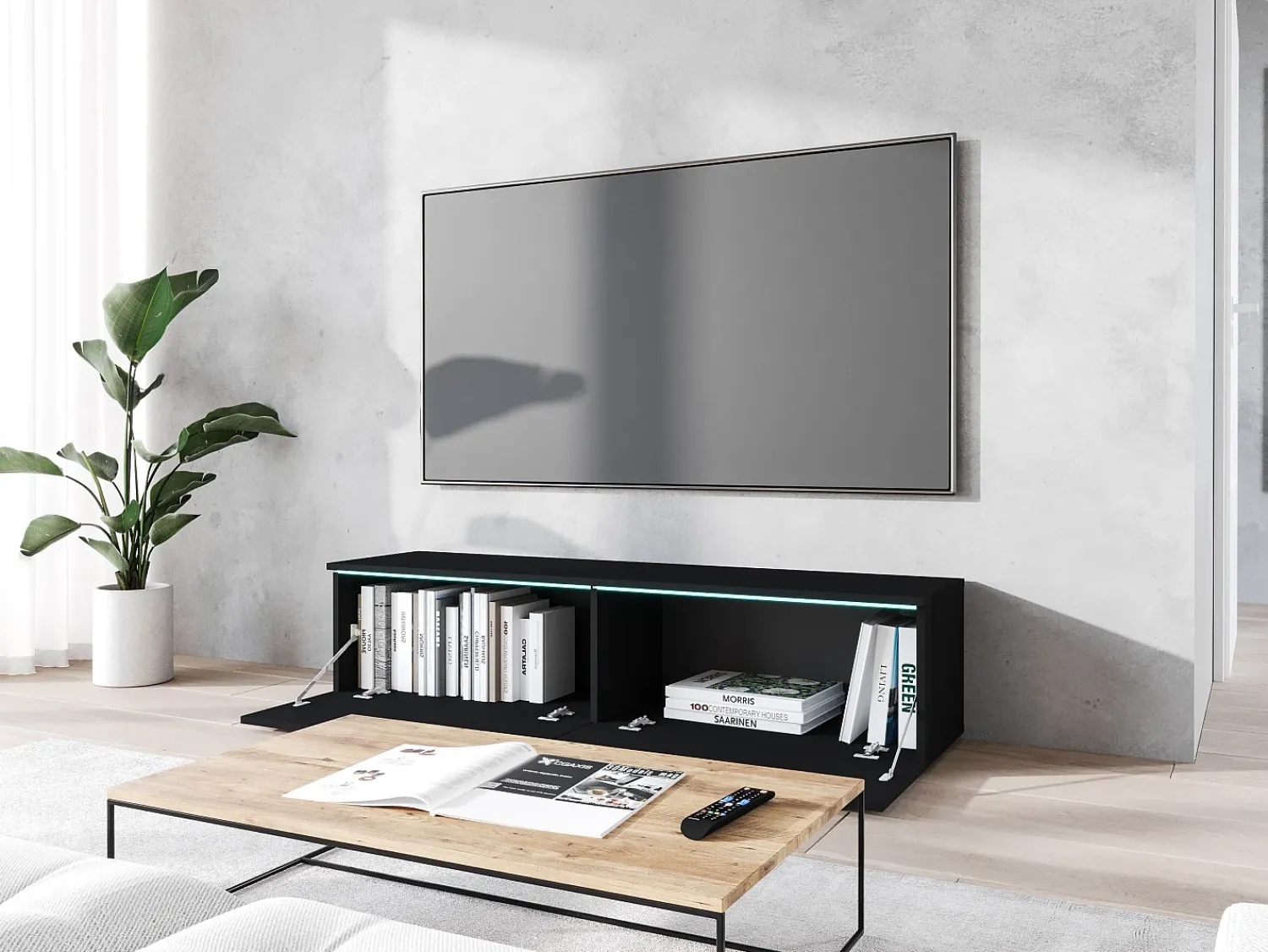 Móvel De Tv* Móvel de TV moderno 140 cm com LED 2 portas, sem puxadores, mate, de chão ou suspenso Preto
