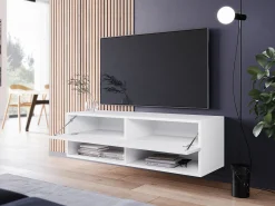 Móvel De Tv* Móvel de TV moderno 100 cm com LED – sem puxadores, corpo mate, frentes brilho, de chão ou suspenso Branco