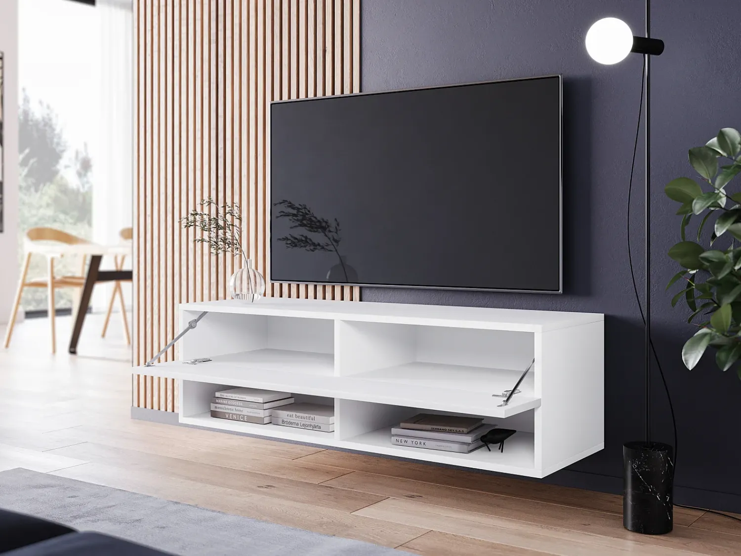 Móvel De Tv* Móvel de TV moderno 100 cm com LED – sem puxadores, corpo mate, frentes brilho, de chão ou suspenso Branco