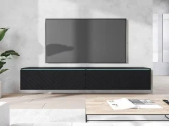 Móvel De Tv| Móvel de TV moderno 180 cm com LED para sala – 2 portas, sem puxadores, fosco, de chão ou suspenso, frentes MDF espinha de peixe Preto