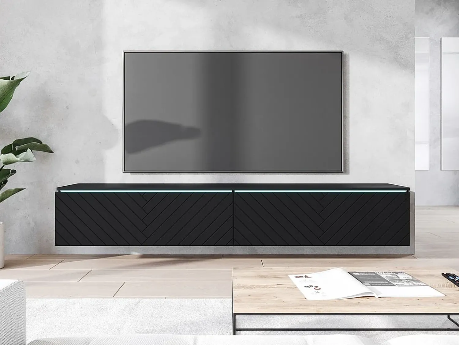 Móvel De Tv| Móvel de TV moderno 180 cm com LED para sala – 2 portas, sem puxadores, fosco, de chão ou suspenso, frentes MDF espinha de peixe Preto