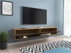 Móvel de TV moderno 180 cm com LED sem puxadores – corpo carvalho Wotan frentes preto brilho suspenso ou de chão^ Móvel De Tv