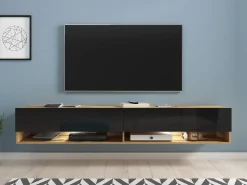 Móvel de TV moderno 180 cm com LED sem puxadores – corpo carvalho Wotan frentes preto brilho suspenso ou de chão^ Móvel De Tv