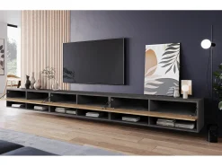 Móvel De Tv| Móvel de TV moderno 300 cm com LED – sem puxadores, corpo matera mate, frentes castanheiro, suspenso ou de pé Multicor