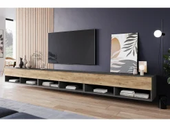 Móvel De Tv| Móvel de TV moderno 300 cm com LED – sem puxadores, corpo matera mate, frentes castanheiro, suspenso ou de pé Multicor