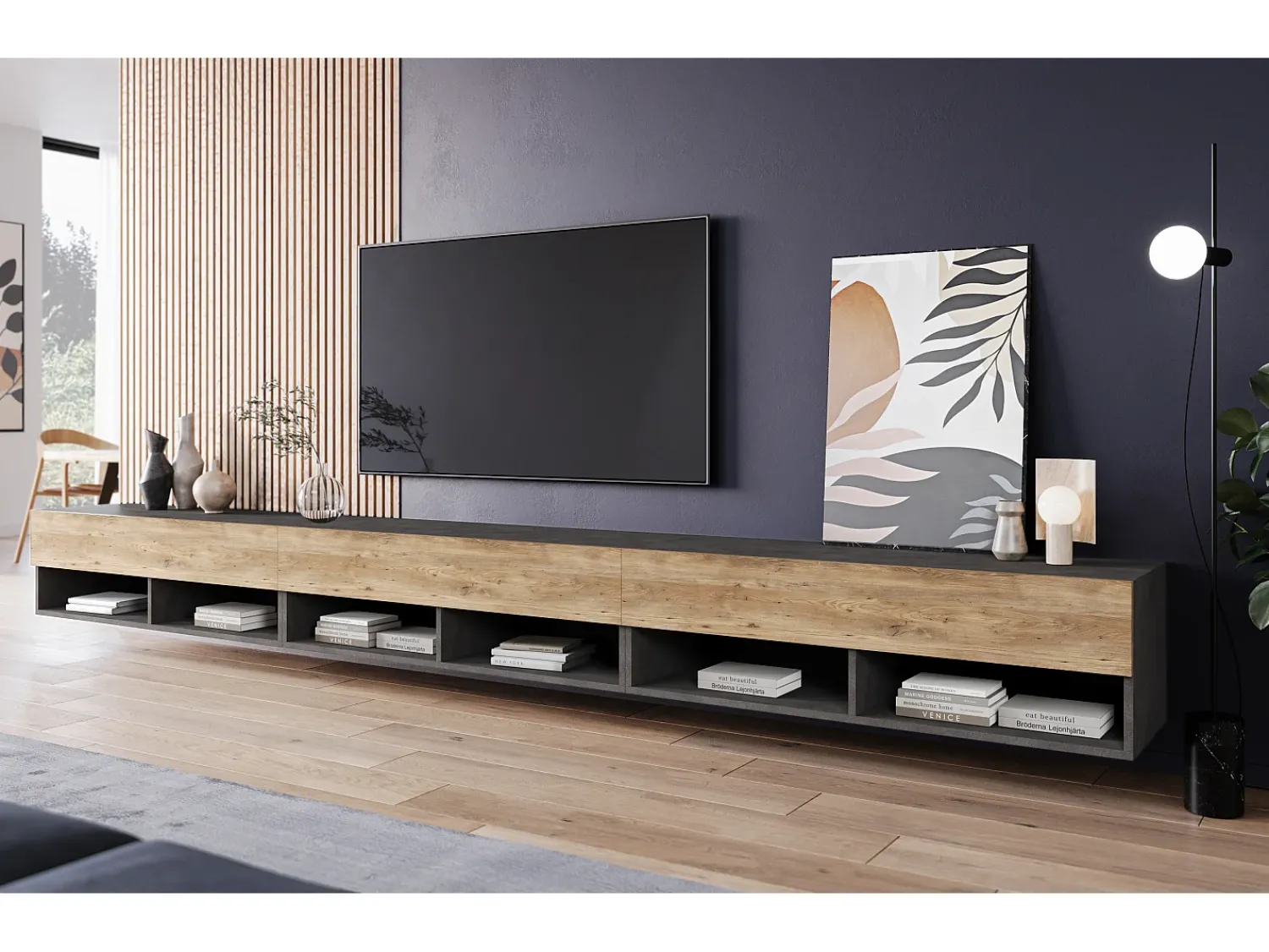 Móvel De Tv| Móvel de TV moderno 300 cm com LED – sem puxadores, corpo matera mate, frentes castanheiro, suspenso ou de pé Multicor