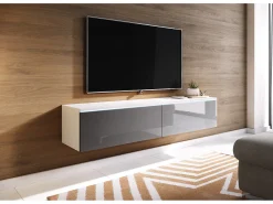 Sale Móvel de TV moderno 140 cm com LED 2 portas, sem puxadores, corpo mate, frentes cinza brilho, de chão ou suspenso Branco