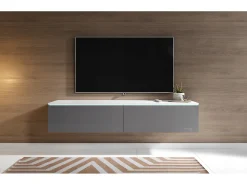 Sale Móvel de TV moderno 140 cm com LED 2 portas, sem puxadores, corpo mate, frentes cinza brilho, de chão ou suspenso Branco