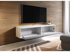Sale Móvel de TV moderno 140 cm com LED 2 portas, sem puxadores, corpo mate, frentes cinza brilho, de chão ou suspenso Branco