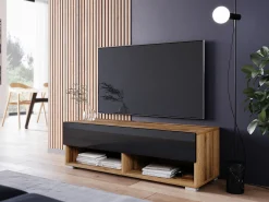 Móvel De Tv* Móvel de TV moderno 100 cm com LED – sem puxadores, corpo carvalho wotan, frentes preto brilho, de chão ou suspenso Castanho