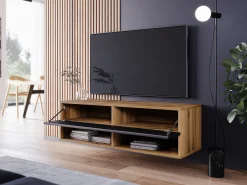 Móvel De Tv* Móvel de TV moderno 100 cm com LED – sem puxadores, corpo carvalho wotan, frentes preto brilho, de chão ou suspenso Castanho