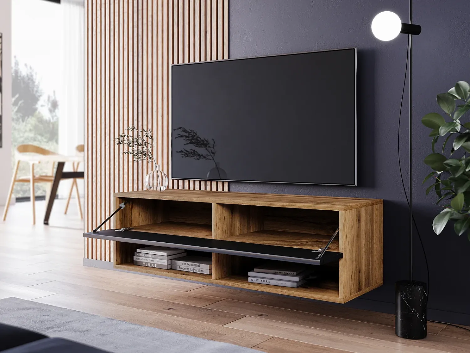 Móvel De Tv* Móvel de TV moderno 100 cm com LED – sem puxadores, corpo carvalho wotan, frentes preto brilho, de chão ou suspenso Castanho