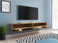 Móvel de TV moderno 180 cm com LED sem puxadores – carvalho Wotan suspenso ou de chão Castanho