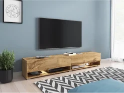 Móvel de TV moderno 180 cm com LED sem puxadores – carvalho Wotan suspenso ou de chão Castanho