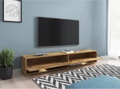 Móvel de TV moderno 180 cm com LED sem puxadores – carvalho Wotan suspenso ou de chão Castanho