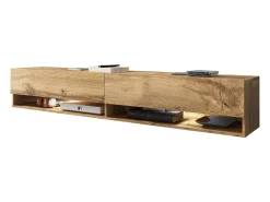 Móvel de TV moderno 180 cm com LED sem puxadores – carvalho Wotan suspenso ou de chão Castanho