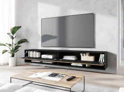 Móvel de TV moderno 180 cm com LED – corpo mate, frentes MDF carvalho Wotan espinha de peixe, sem puxadores, suspenso ou de chão^ Móvel De Tv