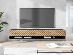 Móvel de TV moderno 180 cm com LED – corpo mate, frentes MDF carvalho Wotan espinha de peixe, sem puxadores, suspenso ou de chão^ Móvel De Tv