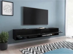 Móvel De Tv* Móvel de TV moderno 180 cm com LED sem puxadores – mate suspenso ou de chão Preto