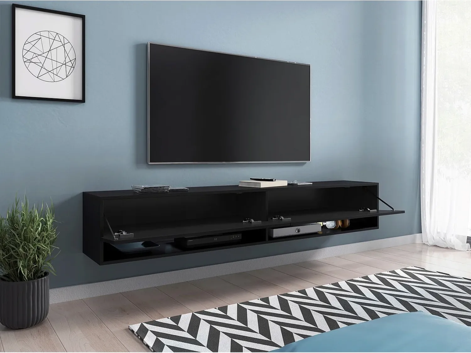 Móvel De Tv* Móvel de TV moderno 180 cm com LED sem puxadores – mate suspenso ou de chão Preto