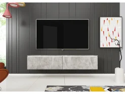 Sale Móvel de TV moderno 140 cm com LED 2 portas, sem puxadores, betão mate, de chão ou suspenso Cinzento