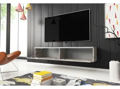 Sale Móvel de TV moderno 140 cm com LED 2 portas, sem puxadores, betão mate, de chão ou suspenso Cinzento