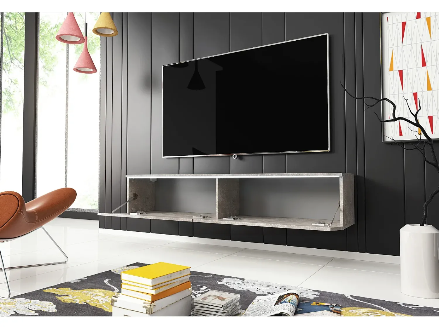 Sale Móvel de TV moderno 140 cm com LED 2 portas, sem puxadores, betão mate, de chão ou suspenso Cinzento