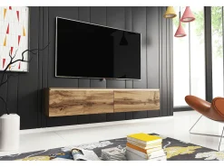 Móvel De Tv* Móvel de TV moderno 140 cm com LED 2 portas, sem puxadores, carvalho wotan, de chão ou suspenso Castanho