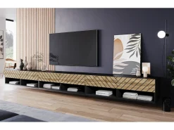 Móvel de TV moderno 300 cm com LED – corpo mate frentes MDF carvalho Wotan espinha de peixe suspenso ou de chão^ Móvel De Tv