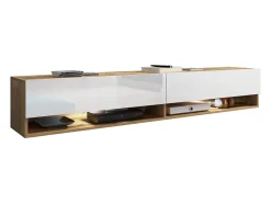 Móvel De Tv* Móvel de TV moderno 180 cm com LED sem puxadores – corpo carvalho Wotan frentes branco brilho suspenso ou de chão Castanho